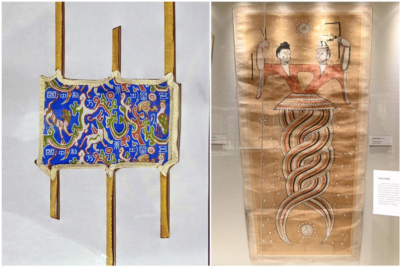 此次展览所展出的“五星出东方利中国”锦护臂（复制品）和唐代彩绘伏羲女娲绢画。张天柱 摄