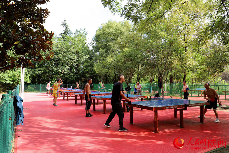 市民在天汉湿地公园运动场地打乒乓球。人民网记者 孙挺摄