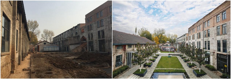 左图为改造施工中的老钢厂下沉广场，右图为经过改造后的下沉广场变身为室外活动空间。