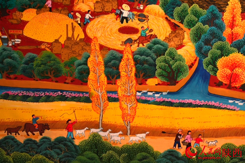 鄠邑區農民畫展覽館內的一副作品。人民網記者 李志強攝