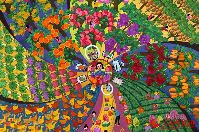 農民畫畫家葉鳳燕創作的《助農直播》（局部）。人民網記者 李志強攝