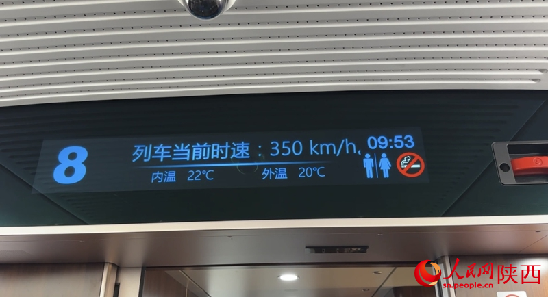 西十高铁上，列车时速显示为350km/h。人民网记者 白鸽摄