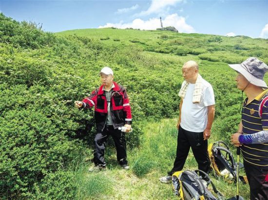 6月14日，西安市長安區南五台國有生態林場副場長李仙宏（左一）帶領護林員巡山。