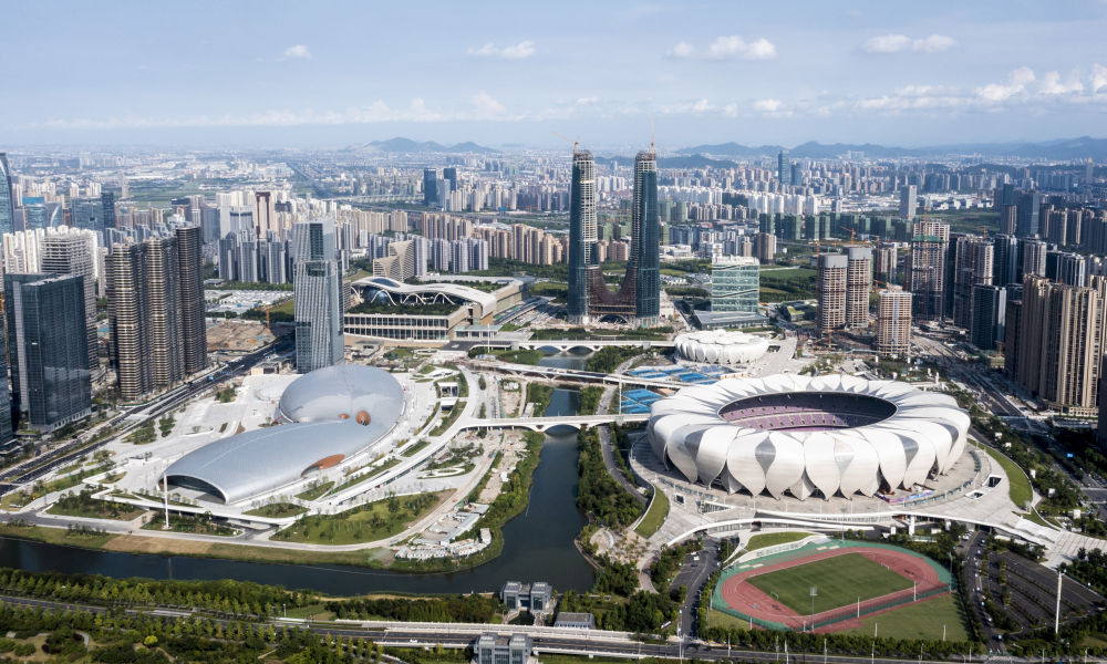 2021年8月2日拍攝的杭州奧體中心場館群（無人機照片）。新華社發（杭州亞組委供圖）